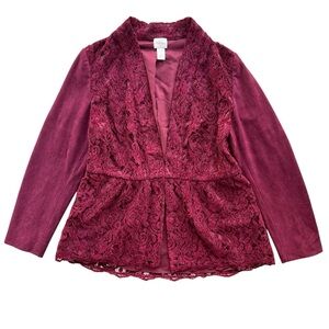 Chico’s Women’s S Red Maple Faux Suede Leather Long Slv. Flounce Hem Lace Jacket